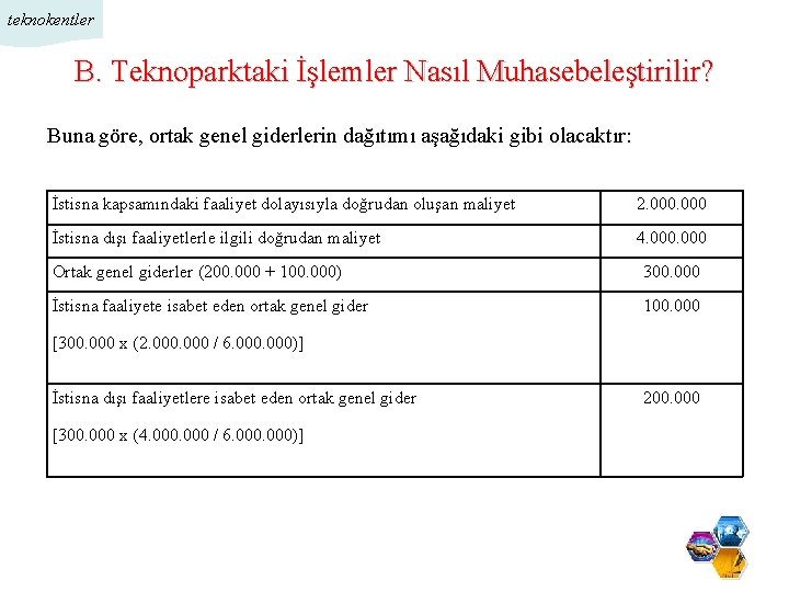 teknokentler B. Teknoparktaki İşlemler Nasıl Muhasebeleştirilir? Buna göre, ortak genel giderlerin dağıtımı aşağıdaki gibi