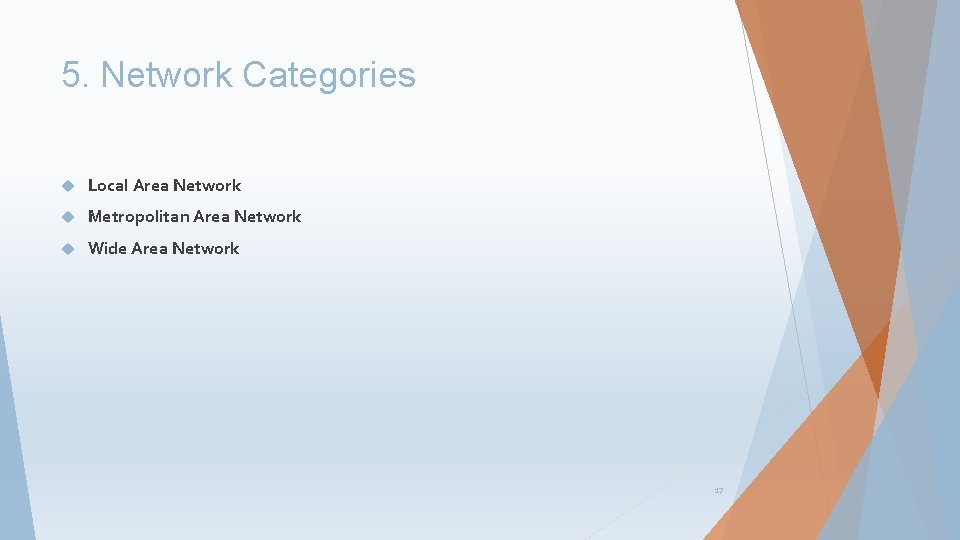 5. Network Categories Local Area Network Metropolitan Area Network Wide Area Network 17 