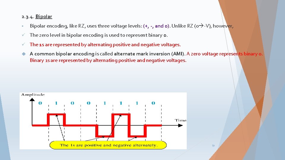 2. 3. 4. Bipolar § Bipolar encoding, like RZ, uses three voltage levels: (+,