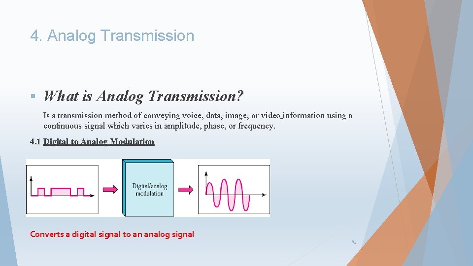 4. Analog Transmission § What is Analog Transmission? Is a transmission method of conveying