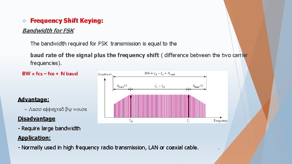 v Frequency Shift Keying: Bandwidth for FSK The bandwidth required for FSK transmission is