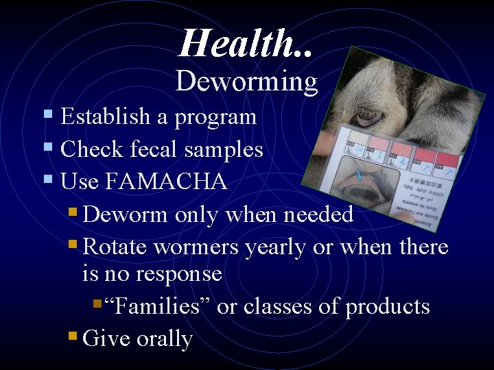 Health. . Deworming § Establish a program § Check fecal samples § Use FAMACHA