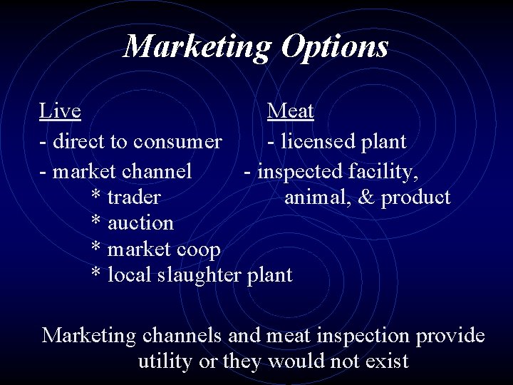 Marketing Options Live Meat - direct to consumer - licensed plant - market channel