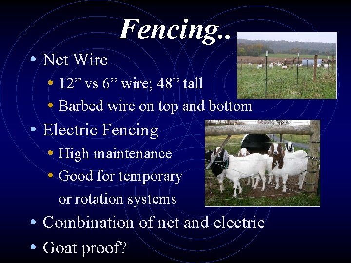 Fencing. . • Net Wire • 12” vs 6” wire; 48” tall • Barbed