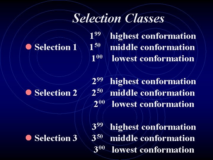 Selection Classes l Selection 1 199 highest conformation 150 middle conformation 100 lowest conformation