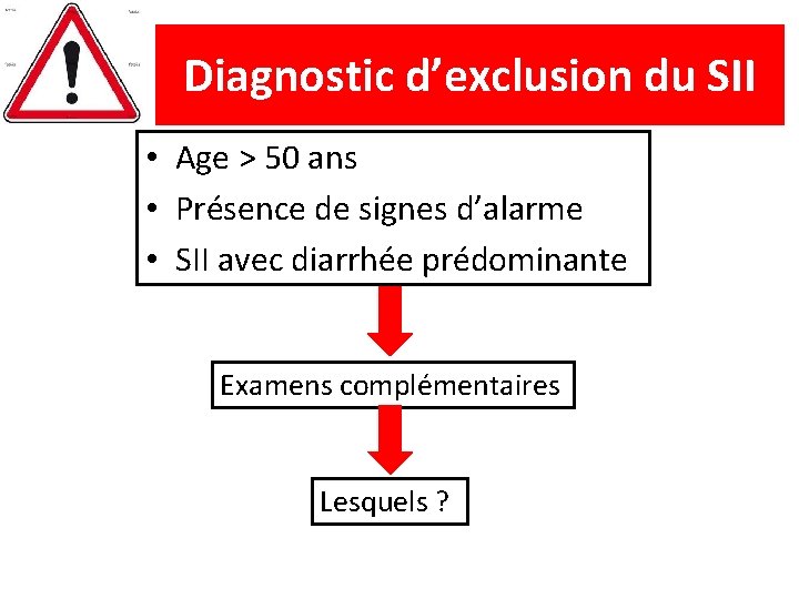 Diagnostic d’exclusion du SII • Age > 50 ans • Présence de signes d’alarme