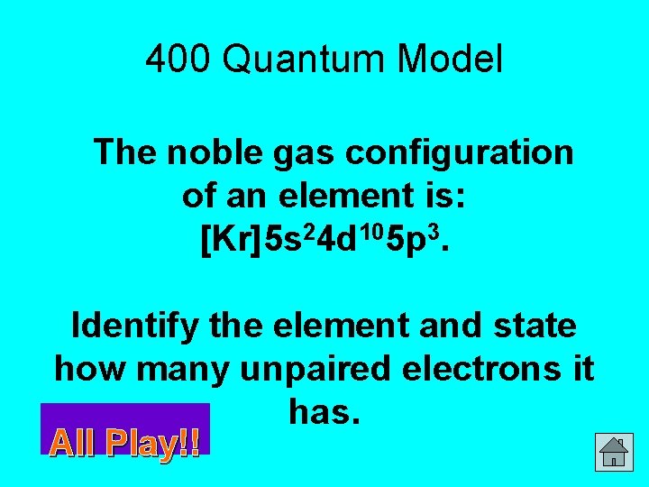 400 Quantum Model The noble gas configuration of an element is: [Kr]5 s 24