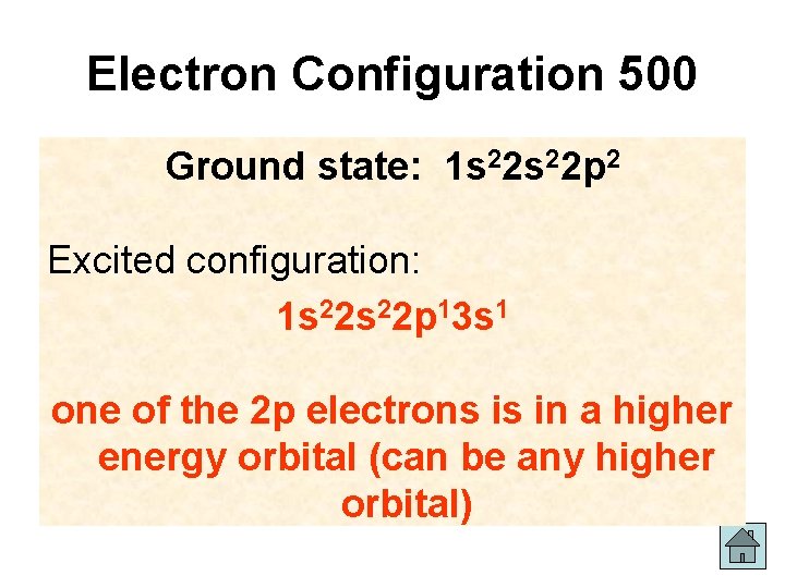 Electron Configuration 500 Ground state: 1 s 22 p 2 Excited configuration: 1 s