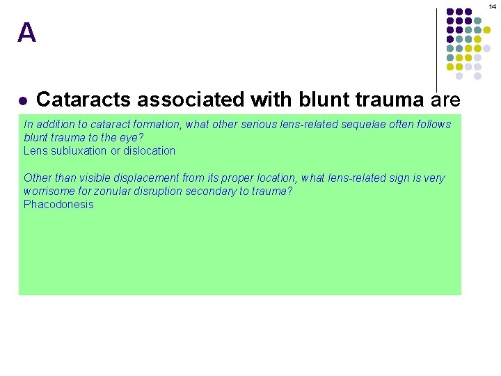 14 A Cataracts associated with blunt trauma are In addition to stellate cataract formation,