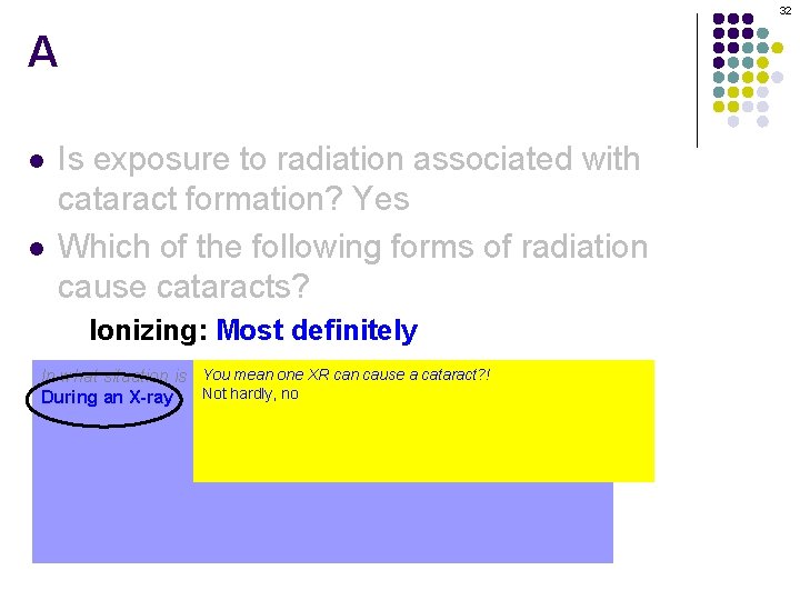 32 A l l Is exposure to radiation associated with cataract formation? Yes Which