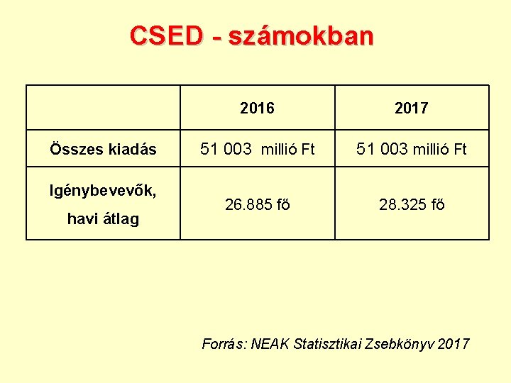 CSED - számokban Összes kiadás Igénybevevők, havi átlag 2016 2017 51 003 millió Ft