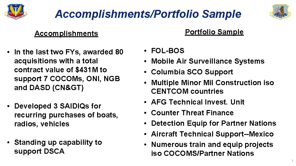 Accomplishments/Portfolio Sample Accomplishments • In the last two FYs, awarded 80 acquisitions with a