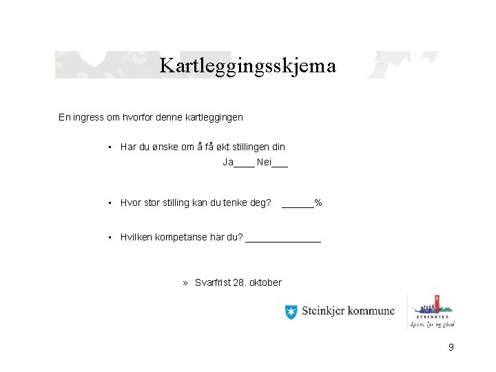 Kartleggingsskjema En ingress om hvorfor denne kartleggingen • Har du ønske om å få