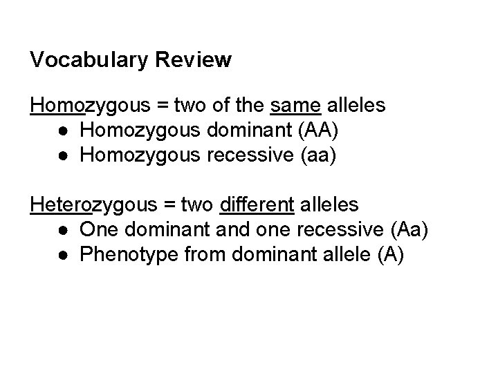 Vocabulary Review Homozygous = two of the same alleles ● Homozygous dominant (AA) ●