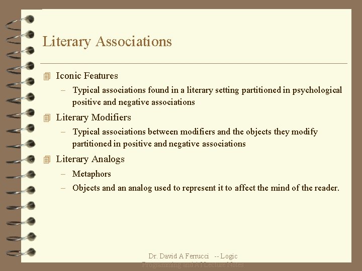 Literary Associations 4 Iconic Features – Typical associations found in a literary setting partitioned