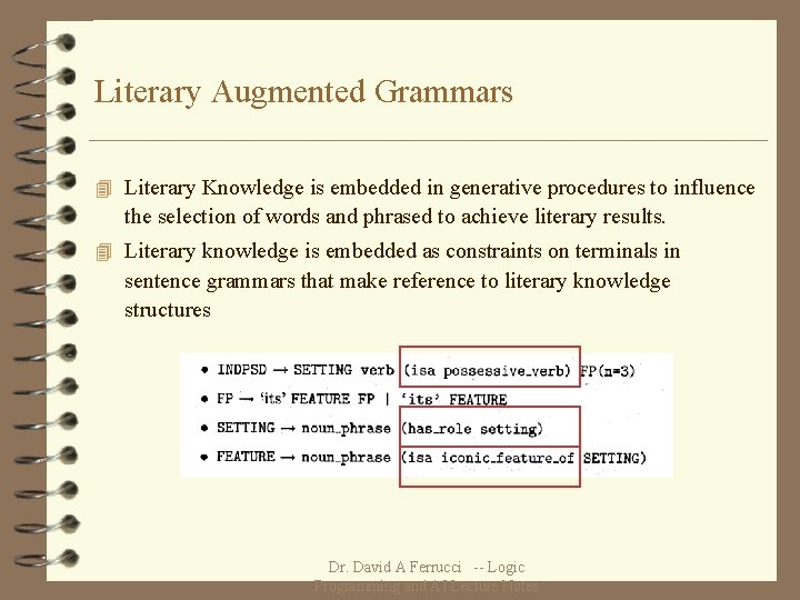 Literary Augmented Grammars 4 Literary Knowledge is embedded in generative procedures to influence the