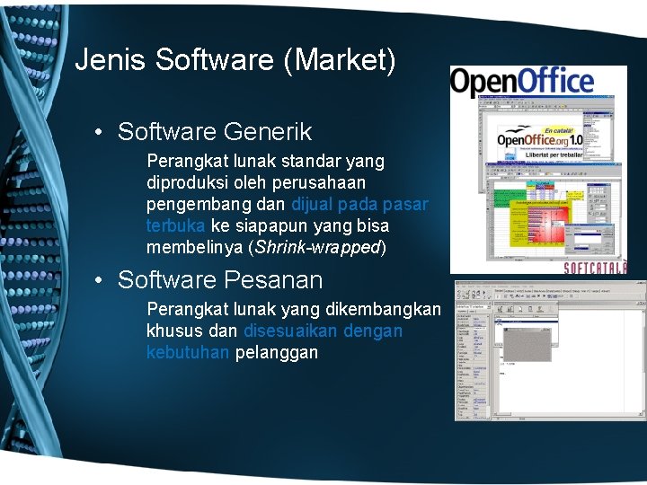 Jenis Software (Market) • Software Generik Perangkat lunak standar yang diproduksi oleh perusahaan pengembang