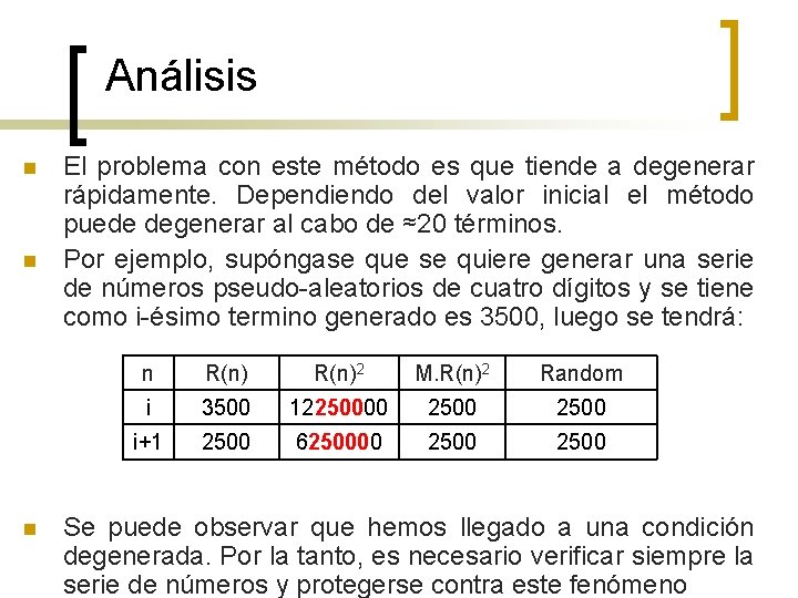 Análisis n n n El problema con este método es que tiende a degenerar