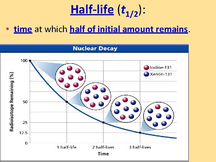 Half-life (t 1/2): • time at which half of initial amount remains. 