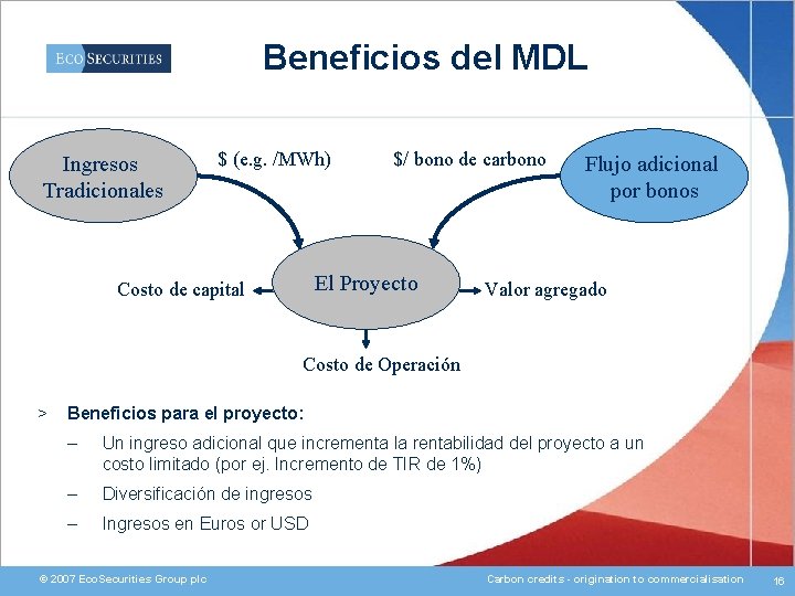 Beneficios del MDL Ingresos Tradicionales $ (e. g. /MWh) $/ bono de carbono El