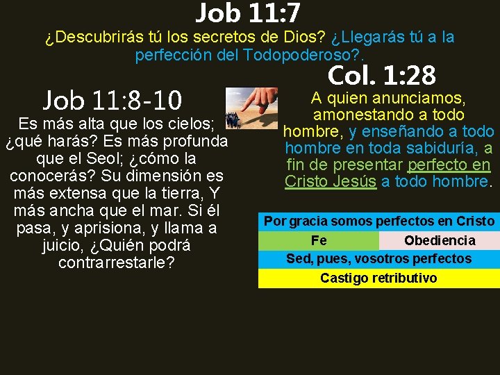 Job 11: 7 ¿Descubrirás tú los secretos de Dios? ¿Llegarás tú a la perfección