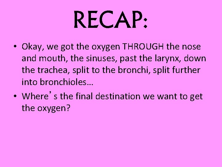 RECAP: • Okay, we got the oxygen THROUGH the nose and mouth, the sinuses,