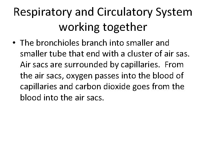 Respiratory and Circulatory System working together • The bronchioles branch into smaller and smaller