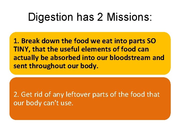 Digestion has 2 Missions: 1. Break down the food we eat into parts SO