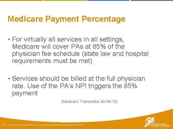 Medicare Payment Percentage • For virtually all services in all settings, Medicare will cover