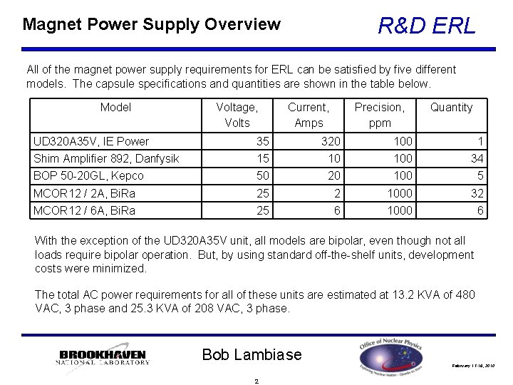 R&D ERL Magnet Power Supply Overview All of the magnet power supply requirements for