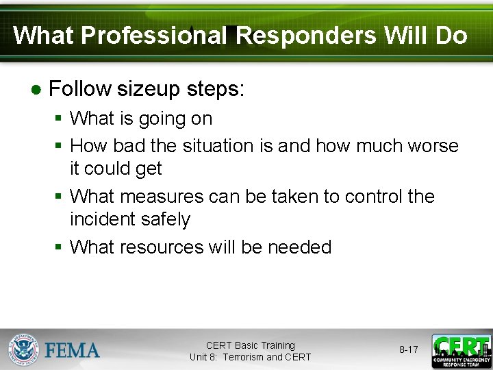 What Professional Responders Will Do ● Follow sizeup steps: § What is going on