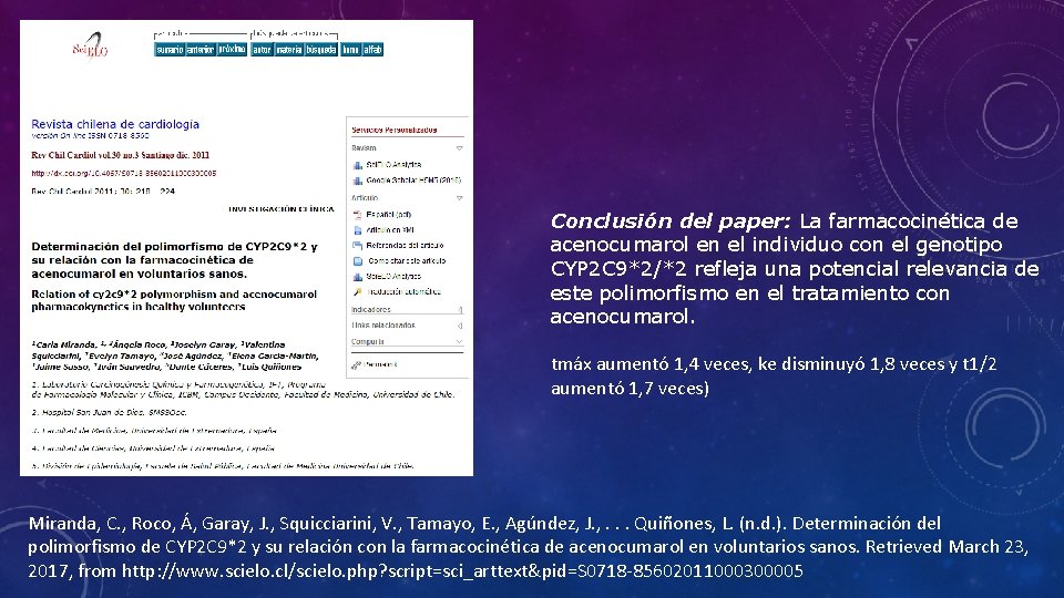 Conclusión del paper: La farmacocinética de acenocumarol en el individuo con el genotipo CYP