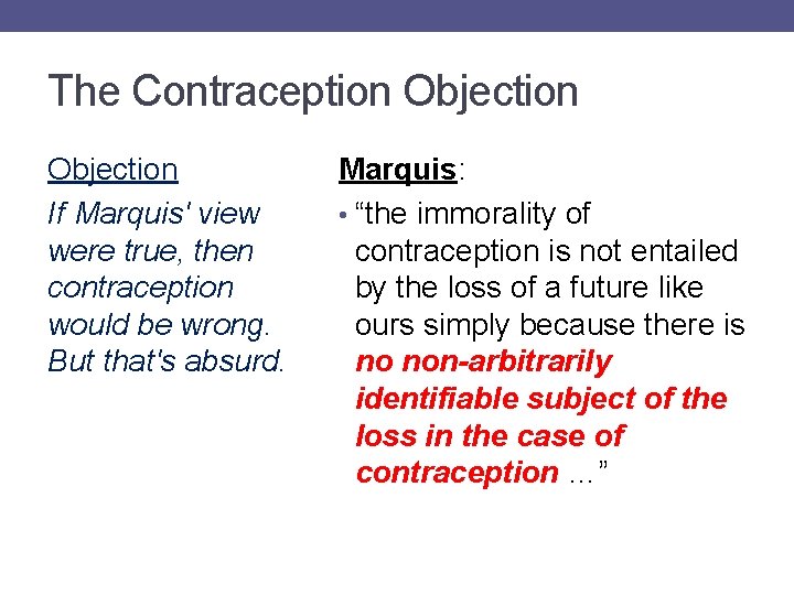 The Contraception Objection If Marquis' view were true, then contraception would be wrong. But