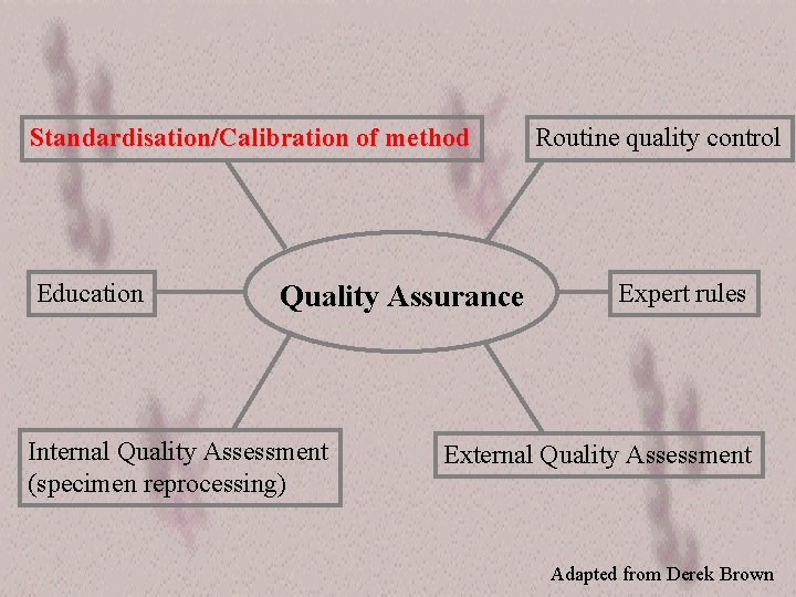 Standardisation/Calibration of method Education Quality Assurance Internal Quality Assessment (specimen reprocessing) Routine quality control