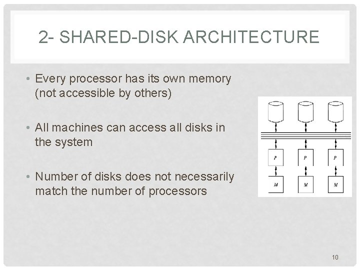 2 - SHARED-DISK ARCHITECTURE • Every processor has its own memory (not accessible by