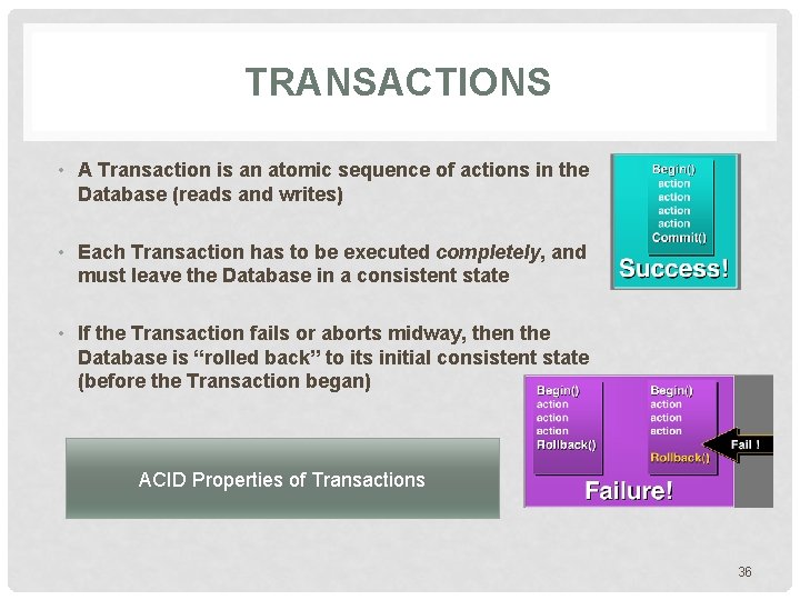 TRANSACTIONS • A Transaction is an atomic sequence of actions in the Database (reads