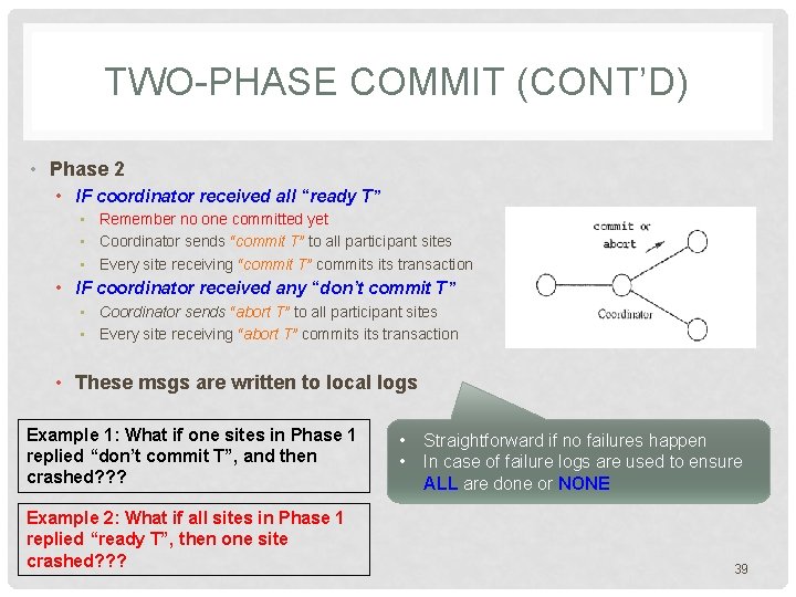 TWO-PHASE COMMIT (CONT’D) • Phase 2 • IF coordinator received all “ready T” •