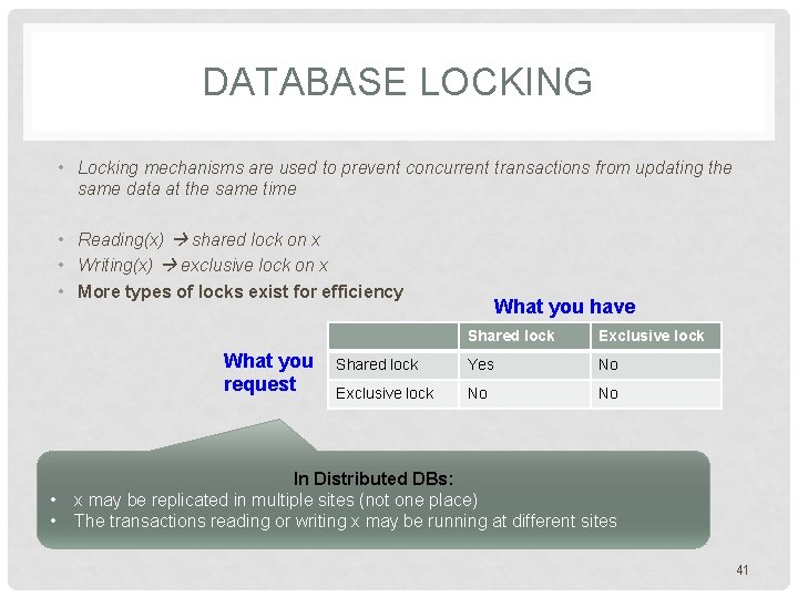 DATABASE LOCKING • Locking mechanisms are used to prevent concurrent transactions from updating the