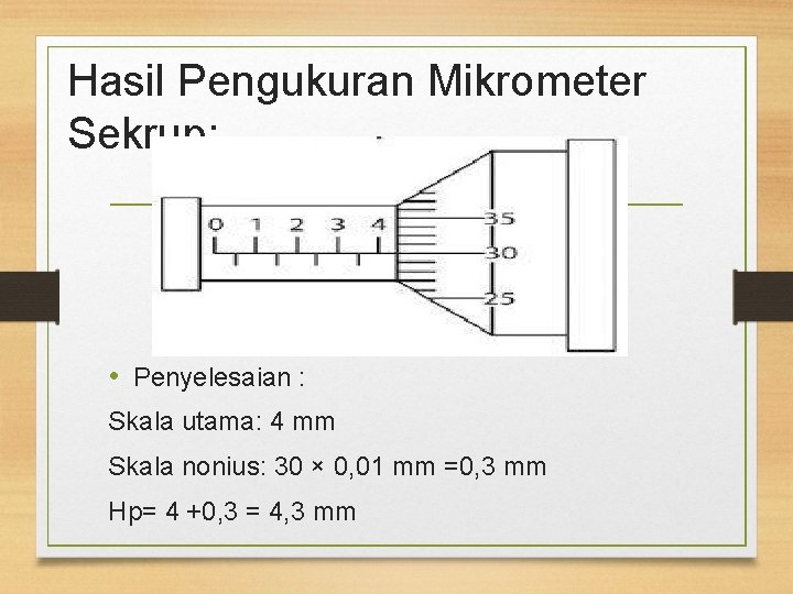 Hasil Pengukuran Mikrometer Sekrup: • Penyelesaian : Skala utama: 4 mm Skala nonius: 30