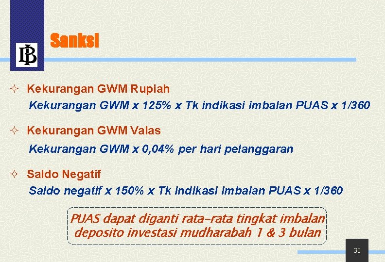 Sanksi ² Kekurangan GWM Rupiah Kekurangan GWM x 125% x Tk indikasi imbalan PUAS