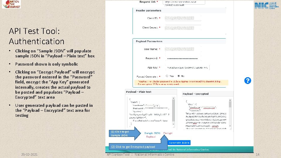 API Test Tool: Authentication • Clicking on “Sample JSON” will populate sample JSON in