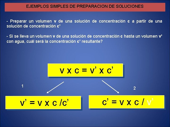 EJEMPLOS SIMPLES DE PREPARACION DE SOLUCIONES - Preparar un volumen v de una solución EJEMPLOS SIMPLES DE PREPARACION DE SOLUCIONES - Preparar un volumen v de una solución
