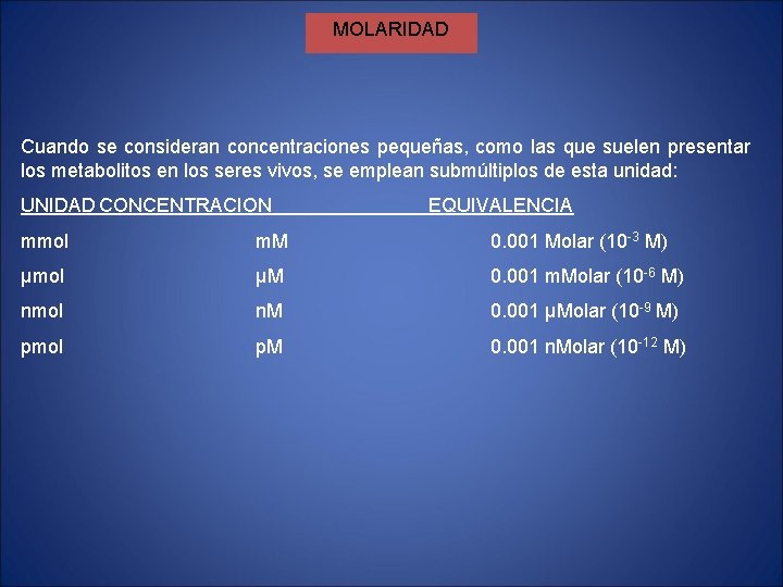 MOLARIDAD Cuando se consideran concentraciones pequeñas, como las que suelen presentar los metabolitos en MOLARIDAD Cuando se consideran concentraciones pequeñas, como las que suelen presentar los metabolitos en