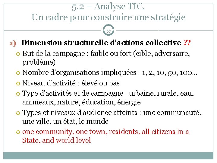 5. 2 – Analyse TIC. Un cadre pour construire une stratégie 55 a) Dimension