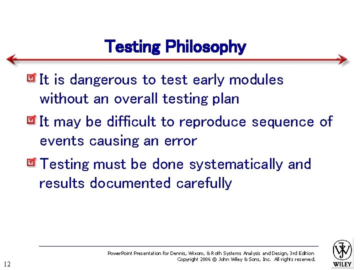 Testing Philosophy It is dangerous to test early modules without an overall testing plan