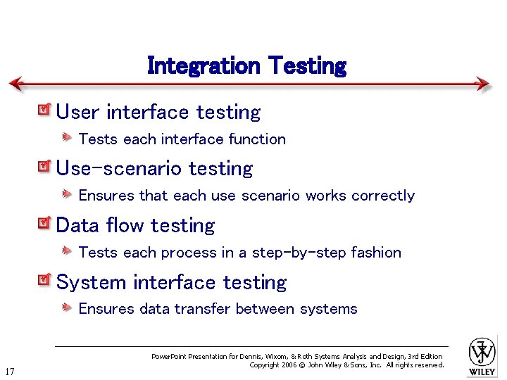 Integration Testing User interface testing Tests each interface function Use-scenario testing Ensures that each