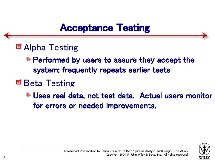 Acceptance Testing Alpha Testing Performed by users to assure they accept the system; frequently