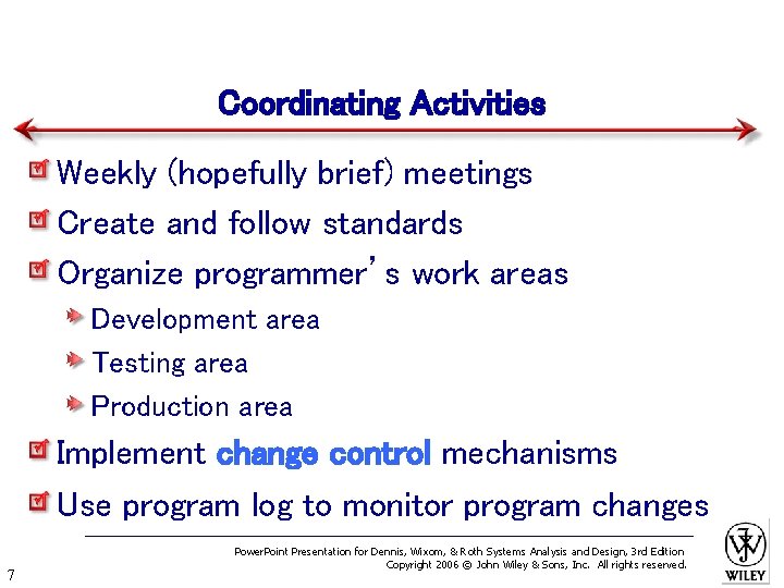 Coordinating Activities Weekly (hopefully brief) meetings Create and follow standards Organize programmer’s work areas