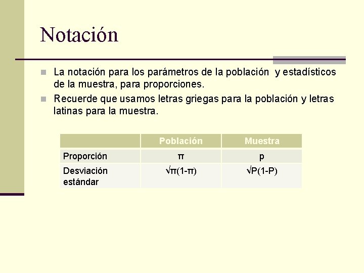 Notación n La notación para los parámetros de la población y estadísticos de la