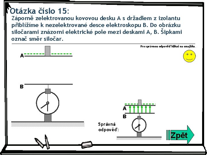 Otázka číslo 15: Záporně zelektrovanou kovovou desku A s držadlem z izolantu přiblížíme k